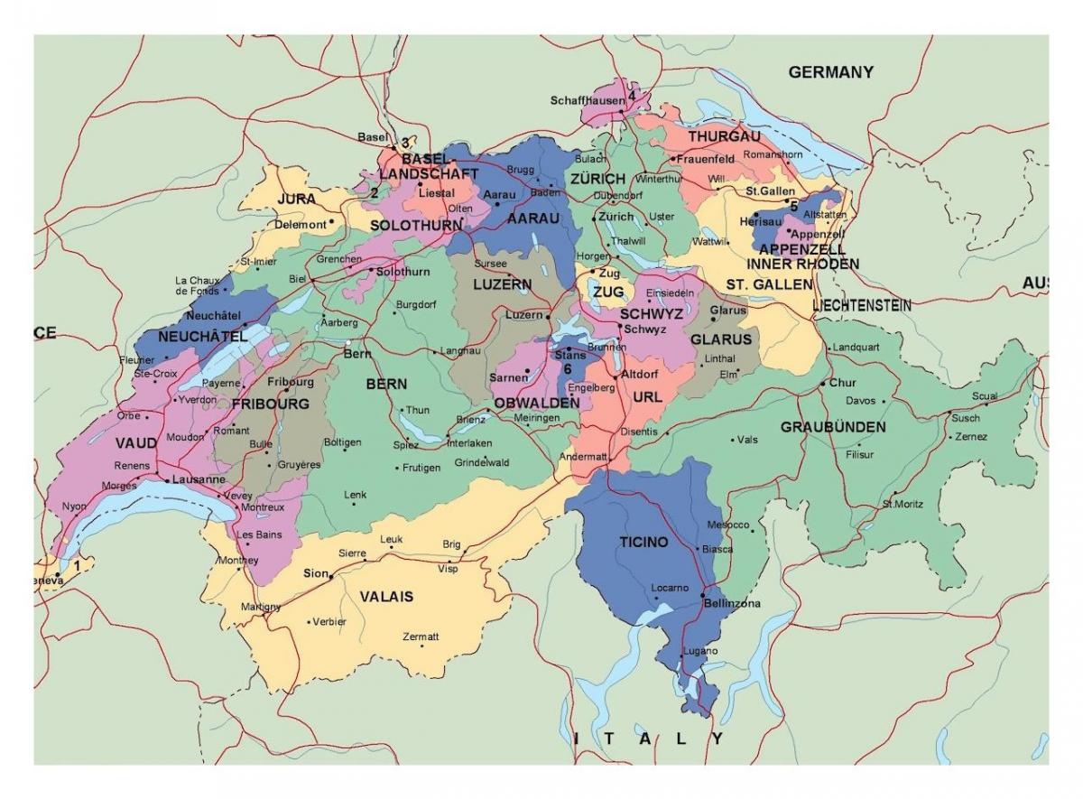 mapa ng switzerland na may mga lungsod at bayan