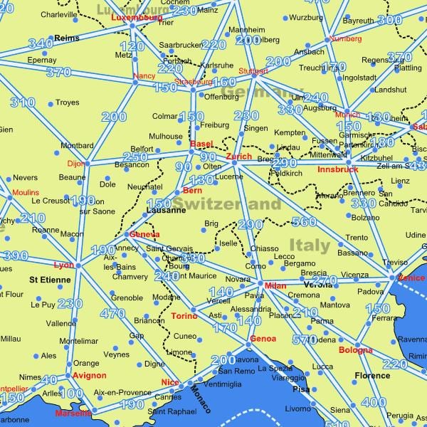 mapa ng switzerland mapa na may mga distansya