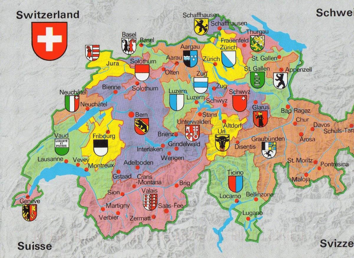 mapa ng switzerland na may mga atraksyong panturista